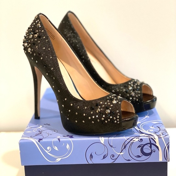 Black Platform peep toe pumps with sparkle 5 inches tall size 7 - Picture 3 of 13